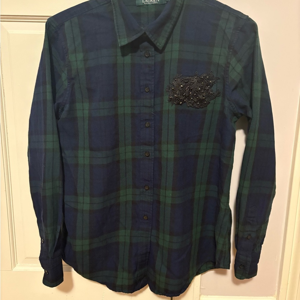 Ralph Lauren women’s navy and green plaid shirt with appliqué